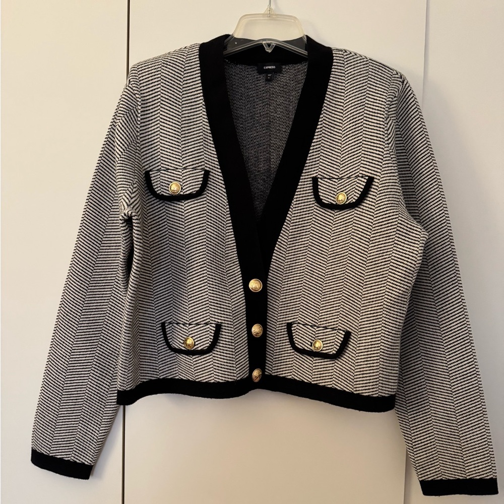 Express Striped Novelty Button Sweater Jacket